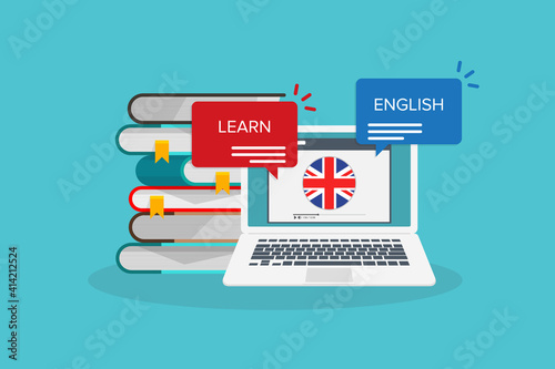 Learn English online on laptop computer. Study, education of foreign language lesson. internet learning course. Vector illustration.