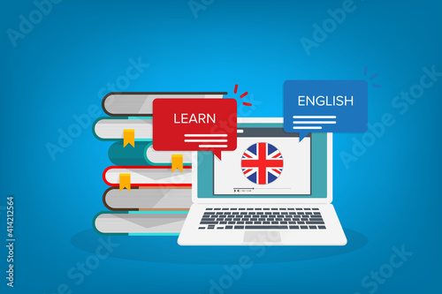 Learn English online on laptop computer. Study, education of foreign language lesson. internet learning course. Vector illustration.