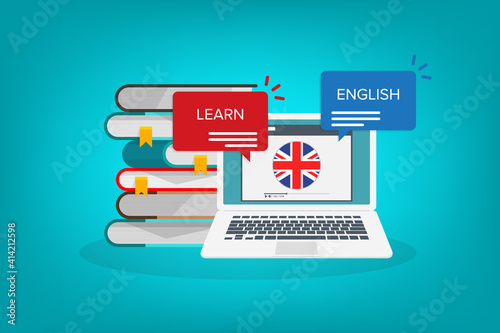 Learn English online on laptop computer. Study, education of foreign language lesson. internet learning course. Vector illustration.