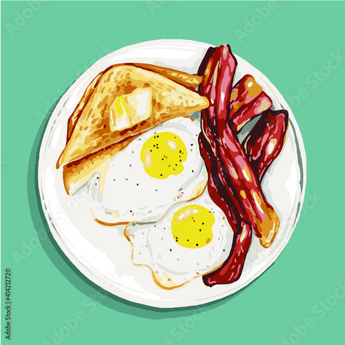 illustration vectorielle d'un petit déjeuner avec des oeufs du pain et du bacon grillé dans une assiette sur fond vert