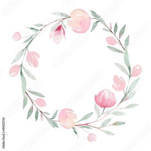 Fototapeta Naklejka Na Ścianę i Meble -  Spring bird on blooming branch with green leaves and flowers wreath. Watercolor wedding invitation card blossom painting. Hand drawn pink wreath design. Cherry isolated branch decoration.