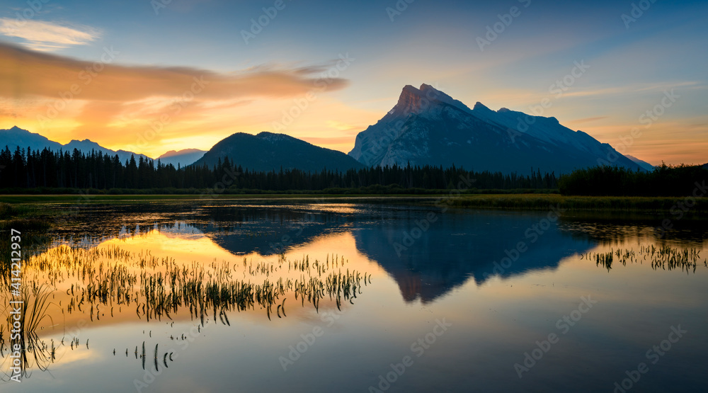 Canada, Alberta, Banff, Vermillion Lakes, Mount Rundle sunrise reflection.