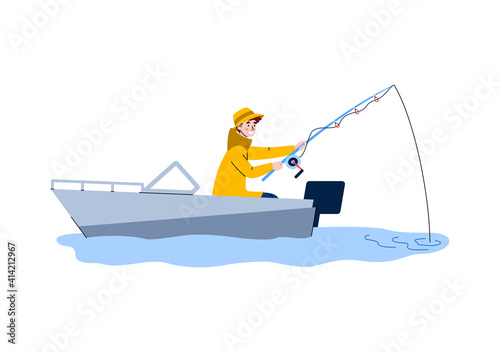 Man character catches fish from motor boat, cartoon flat vector illustration isolated on white background. Fisher boat with a fisherman throws a fish-rod into the river.