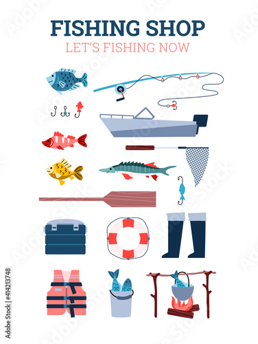 Poster with advertise of fishing shop sale fishing equipment for catch fish. Hobby of fisherman, adventure, trip, leisure and activity outdoors. Vector illustration.