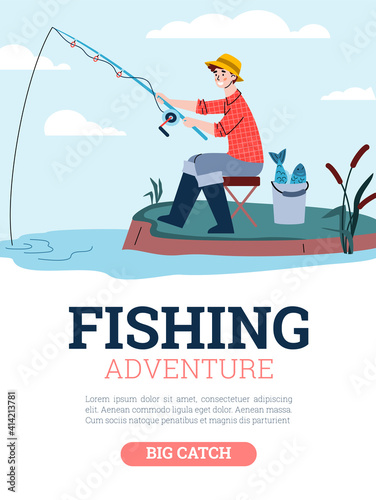 Fisherman catch fish sitting on shore. Man holds fishing rod in water and waits for bite. Vector poster with advertise of outdoor adventure, hobby, activity and leisure for fishers
