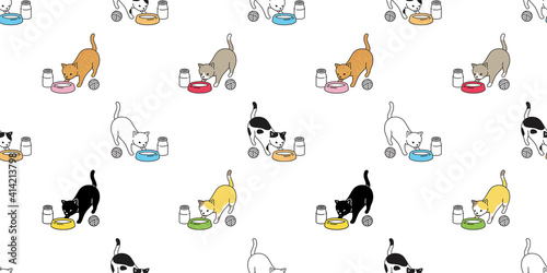 cat seamless pattern food bowl kitten calico vector pet milk scarf isolated repeat background cartoon animal tile wallpaper doodle illustration design