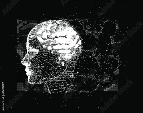 3D Illustration Human Brain Anatomy made of Pixels and Particles For Neural network and Machine Learning concept. Sci-fi futuristic cyberpunk style.