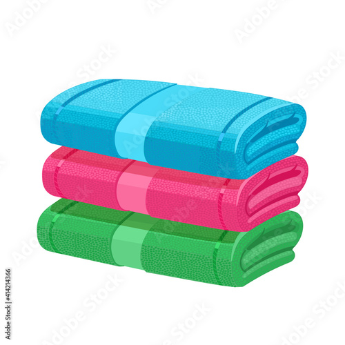 Set of 3 soft towels. Pink, green, blue. Bath towel. Vector illustration isolated on white background.