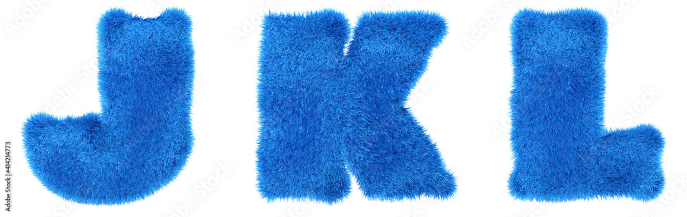 Teddy blue alphabet. Hair letters J, K, L. Blue fur in 3d render. Isolated background. Teddy blue alphabet. Hair letters J, K, L. Blue fur in 3d render. Isolated background.