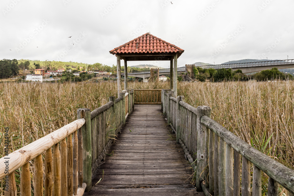 Fototapeta premium Catoira, Spain. The Torres de Oeste (West Towers), a walled complex of ruined castles in Galicia surrounded by marshes