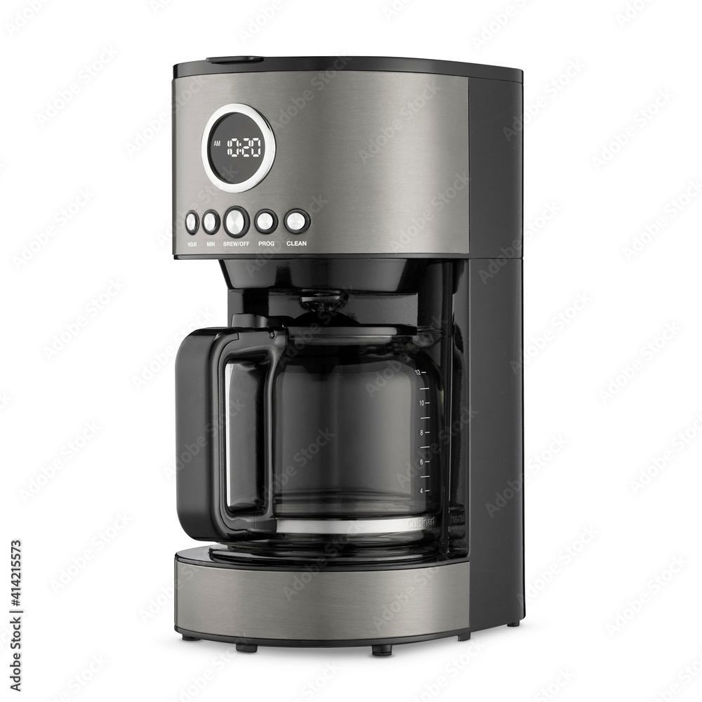 Auto Drip Coffee Maker Isolated. Black Stainless Glass Carafe 12 Cup