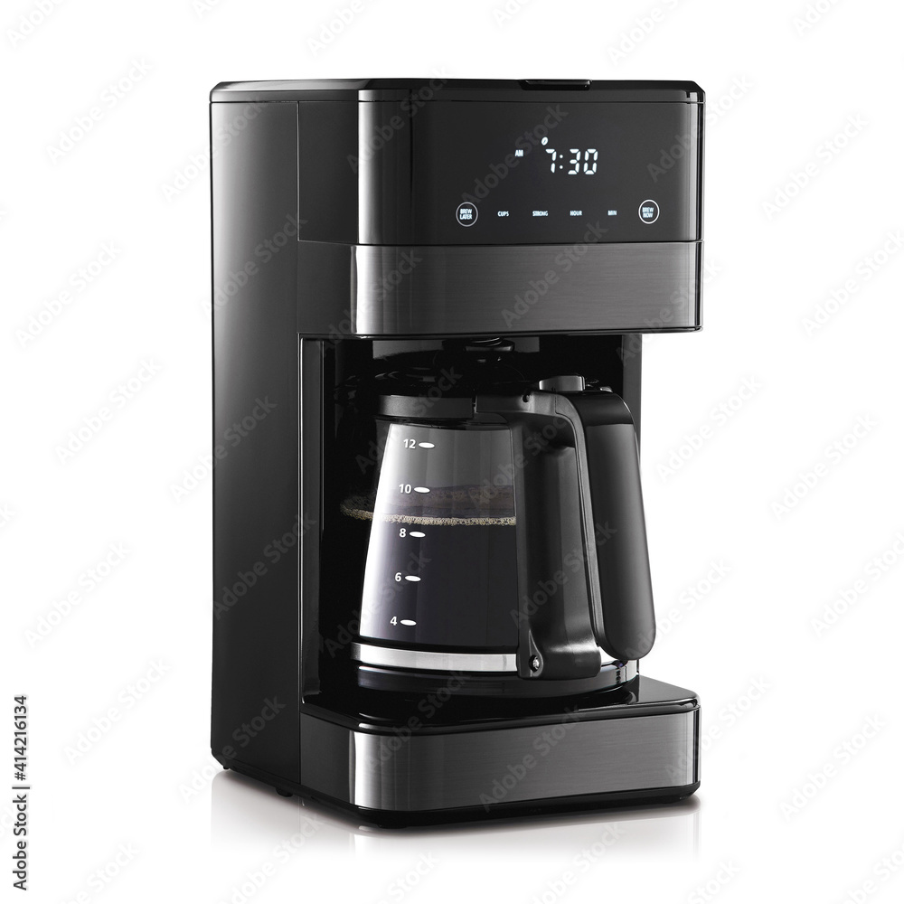 Black Auto Drip Coffee Maker Isolated. Glass Carafe Automatic Espresso