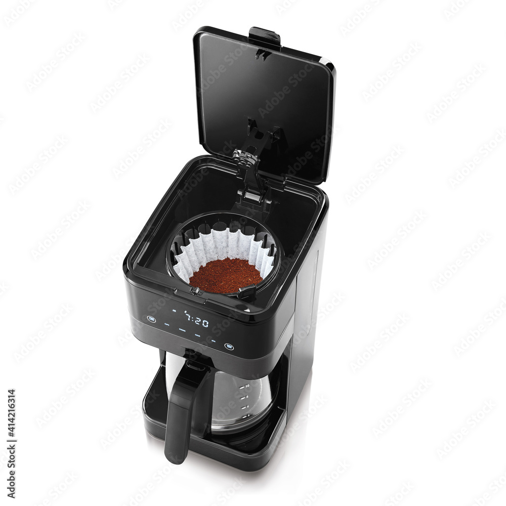 Black Auto Drip Coffee Maker Isolated. Top View Glass Carafe Automatic