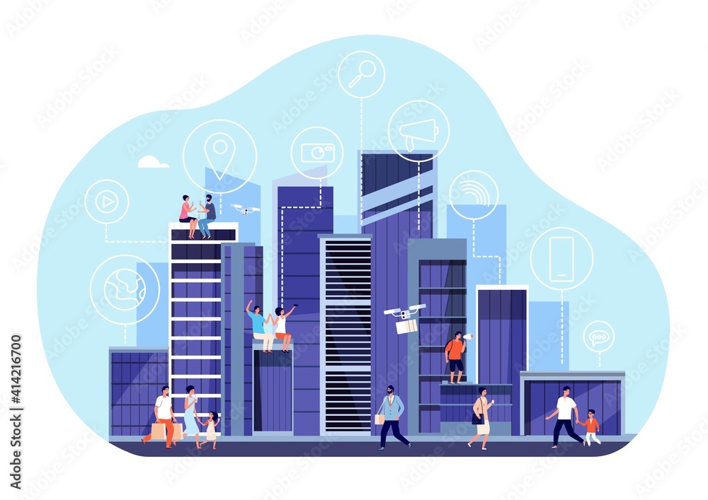 Smart city concept. Downtown internet communication, urban office buildings. People walking, new digital infrastructure utter vector concept. Illustration smart city, communication innovation design
