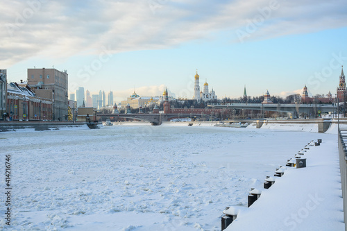 MOSCOW, RUSSIA - January 17, 2021: Panoramic winter view to frozen Moscow river and Kremlin