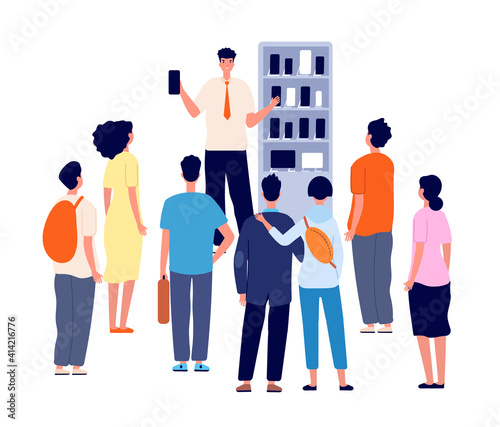 Promotion man. Promotional marketing, seller speaking with people. Guy product stand advertise new goods, presentation utter vector concept. Business character promotion product in shop illustration