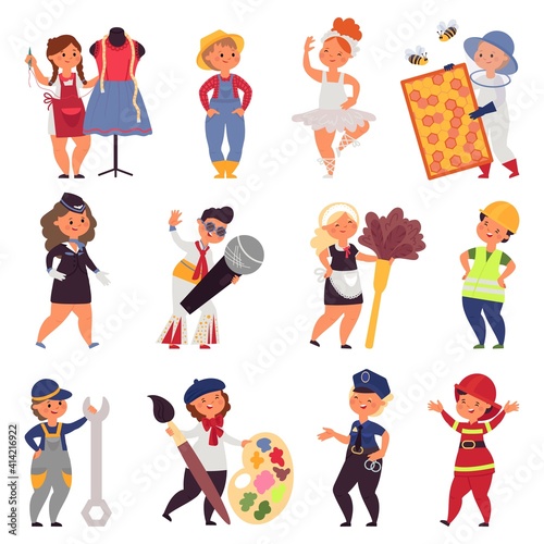 Kids in uniform. Cute children occupations, different professional work teens. Cartoon farmer, singer in costume decent vector characters. Uniform character, worker kids occupation illustration