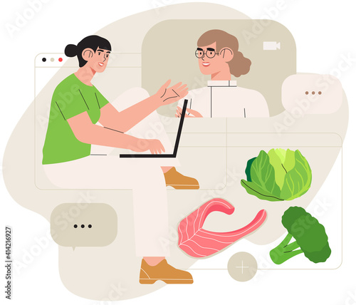 Online dietitian consultation. Concept of healthy eating, personal diet or nutrition plan from dieting expert or online nutrition course or mobile application. Can be used for social media banner.