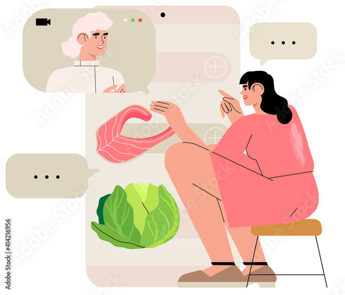 Online dietitian consultation. Concept of healthy eating, personal diet or nutrition plan from dieting expert or online nutrition course or mobile application. Can be used for social media banner.