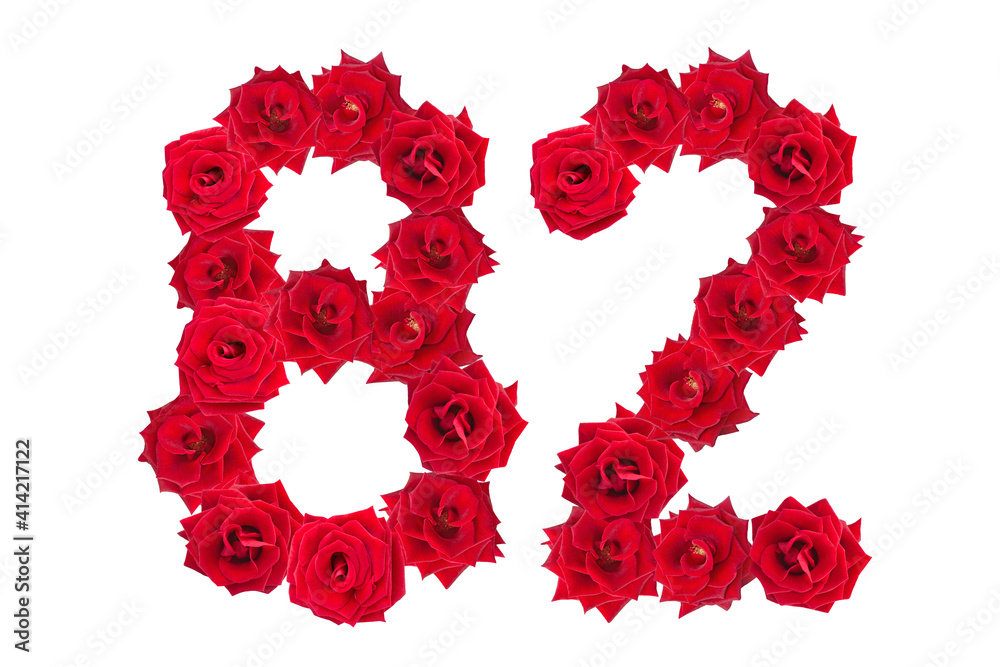 Numeral 82 made of red roses on a white isolated background. Element for decoration. eighty two. Red roses. Numeral 82 made of red roses on a white isolated background. Element for decoration. eighty two. Red roses.