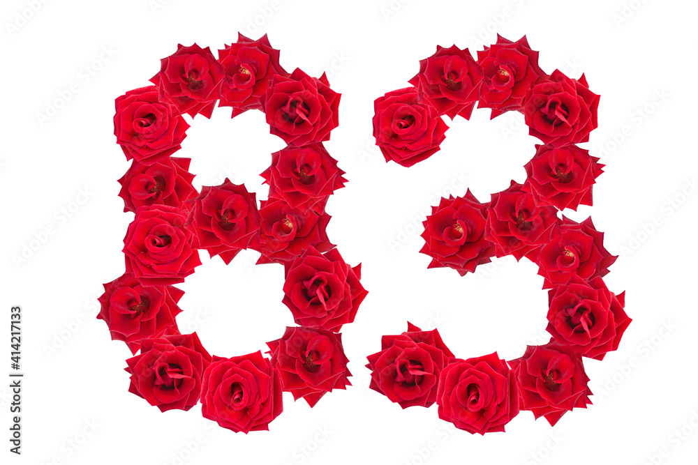Numeral 83 made of red roses on a white isolated background. Element for decoration. eighty three. Red roses. Numeral 83 made of red roses on a white isolated background. Element for decoration. eighty three. Red roses.