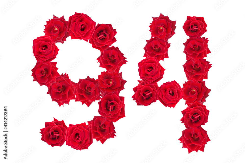 Numeral 94 made of red roses on a white isolated background. Element for decoration. ninety four. Red roses.