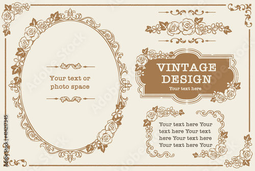 アンティークなお花の装飾フレーム、飾り罫、オーナメントのベクターセット。フォトフレームなどに。