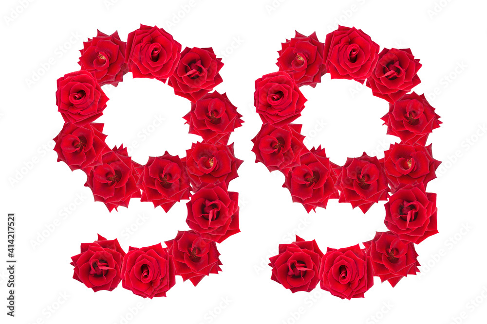 Numeral 99 made of red roses on a white isolated background. Element for decoration. ninety nine. Red roses.