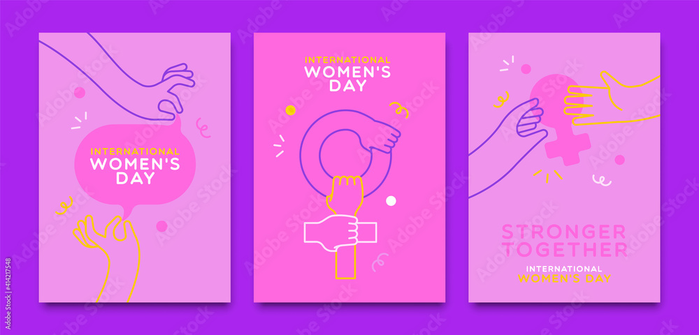 Women's Day pink woman hand outline card set - obrazy, fototapety, plakaty 