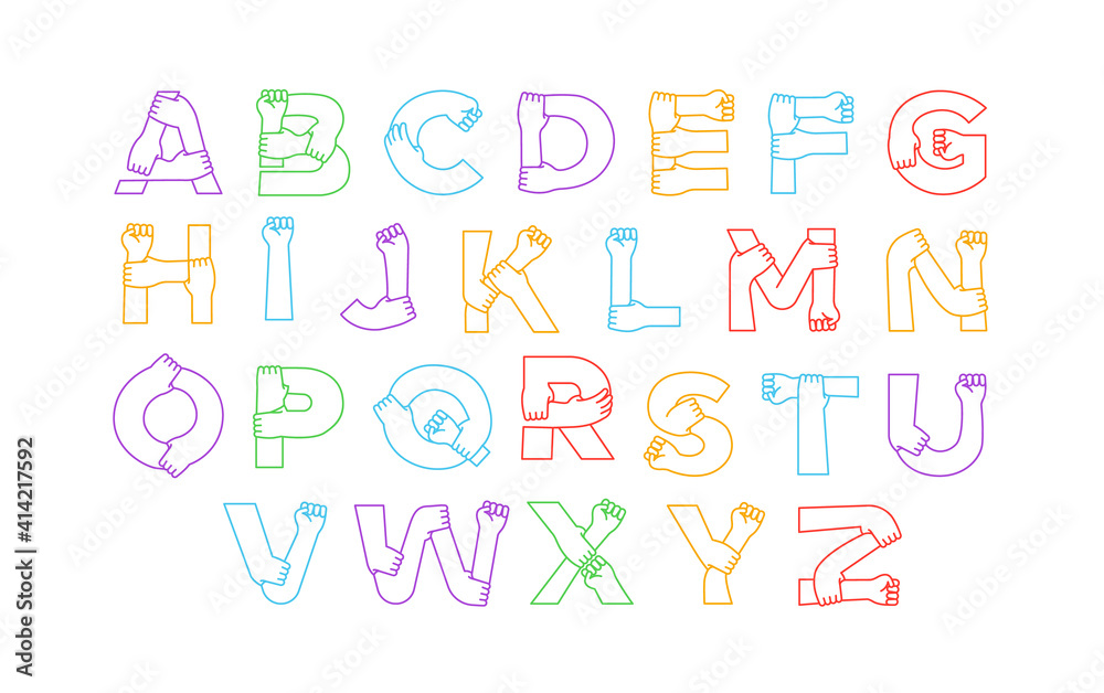 Full alphabet set diverse people hand arm isolated
