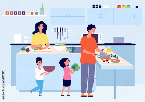 Happy family cooking. Cook on kitchen, kid mom dad eat and food preparation. Parents child make home dinner or lunch utter vector concept. Illustration family in kitchen, daughter son and parents