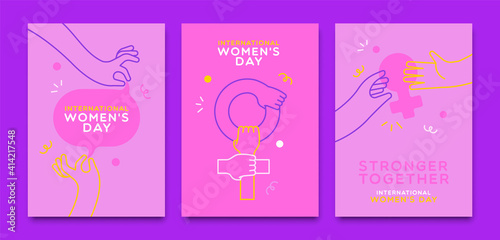 Women's Day pink woman hand outline card set
