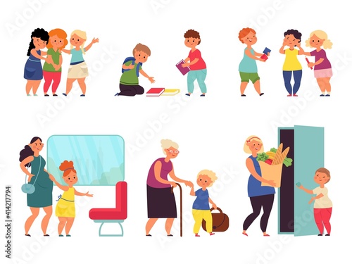 Good manners kids. Child helping, cute kid kind behavior. Boy girl respect old people, pregnant woman. Etiquette decent vector set. Illustration courteous and upbringing, politeness and respectful