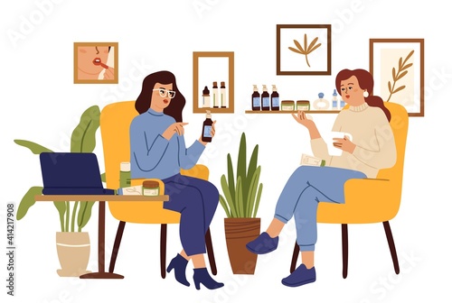 Cosmetology. Girl consulting beauty center. Organic cosmetics shop, healthy skin care. Woman consult young female character vector. Illustration woman beauty girl, cosmetology product consultant