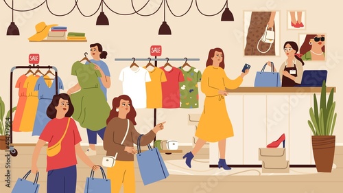 Fashion store. Female shop, outlet or sale in boutique. Women shopping, person buy dress t-shirt shoes vector illustration. Boutique and shop, fashion shopping consumer