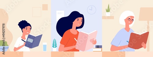 Female diary. Women write journal. Modern girl woman and old lady writing memories. Different age students, self education or drawing in sketch book vector . Diary journal, female student illustration