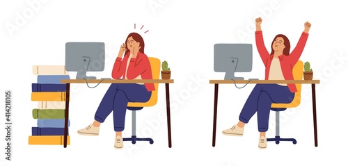 Office woman tired. Before after hard work, manager working. Angry and happy girl at table computer, successful employee vector character. Stressed woman and man tired, office employee exhausted