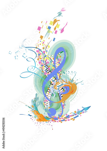 Abstract musical design with a treble clef and colorful splashes, notes and waves. Colorful treble clef. Hand drawn vector illustration.