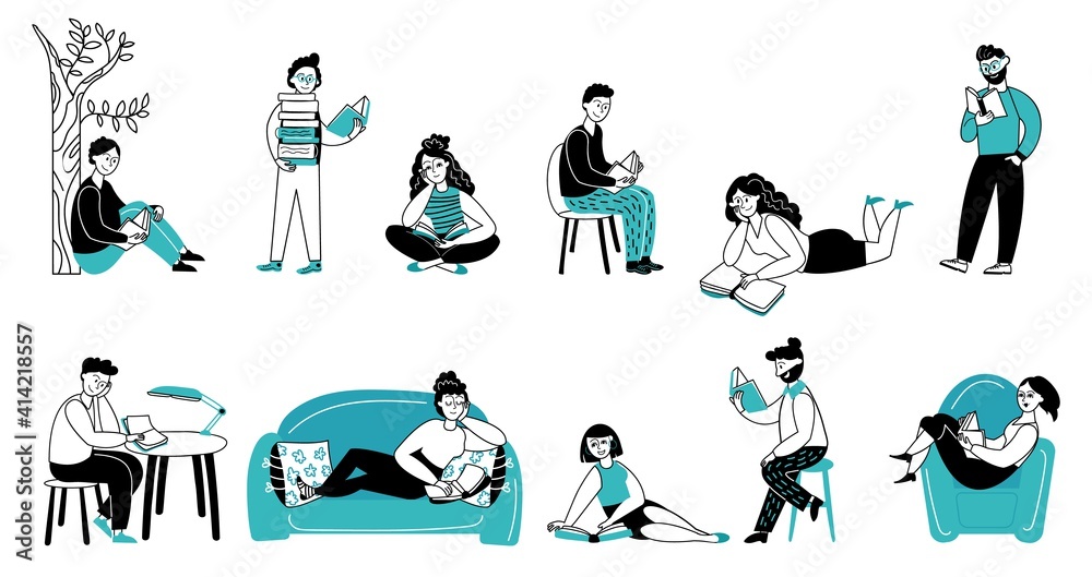 Obraz premium People read books. Girl reading, book study in summer park. Doodle young persons lifestyle, decent students relax and learn vector characters. Illustration lover book, girl and boy with books