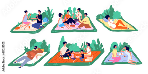 Family picnic. Fun nature picnics, flat families eat outside together. Cartoon people relax, couple weekend park recreation utter vector. Illustration people picnic in park, rest lifestyle together