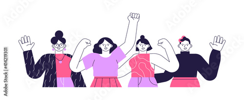 Diverse pink woman team flat cartoon isolated