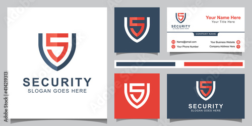 modern logo of letter S for security technology system with shield symbol and business card