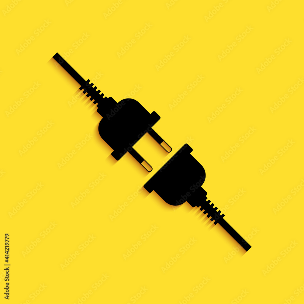 Black Electric wire plug and socket icon isolated on yellow background. Long shadow style. Vector. Black Electric wire plug and socket icon isolated on yellow background. Long shadow style. Vector.