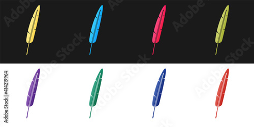 Set Feather pen icon isolated on black and white background. Vector.