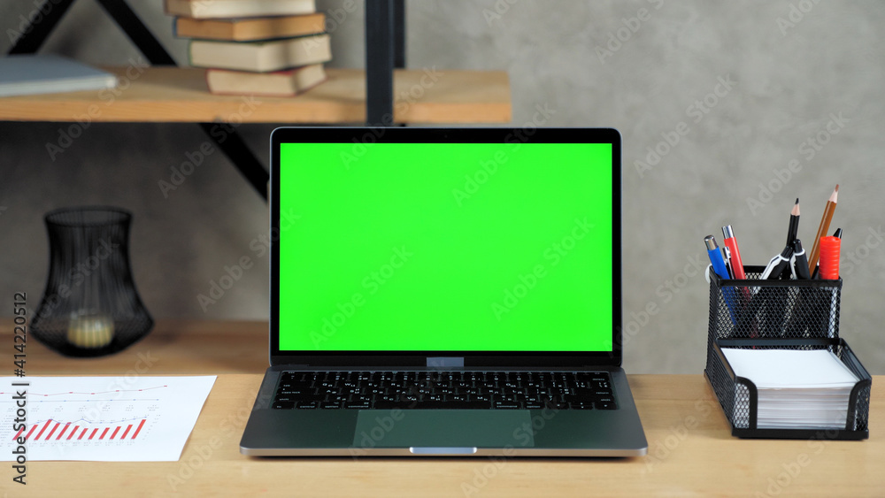 Close up modern laptop computer display mock up chroma key green screen ...