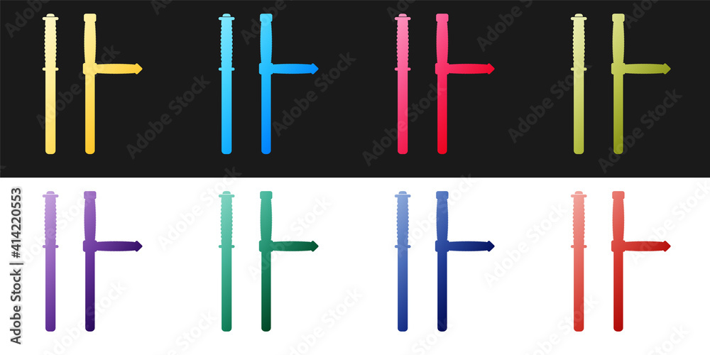 Set Police rubber baton icon isolated on black and white background. Rubber truncheon. Police Bat. Police equipment. Vector. Set Police rubber baton icon isolated on black and white background. Rubber truncheon. Police Bat. Police equipment. Vector.