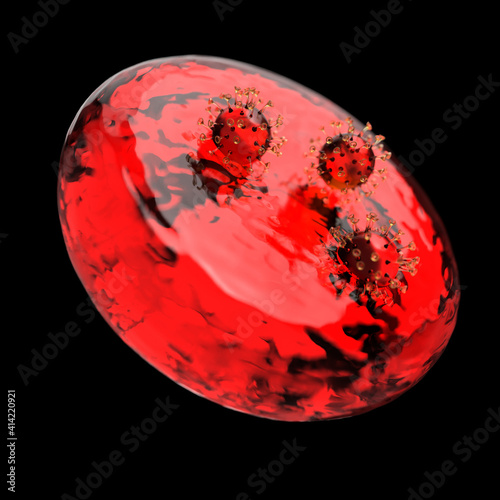 Coronavirus attacking red blood cell, mutant variant COVID 19 invading blood cell, accurate size representation, virus 3d render