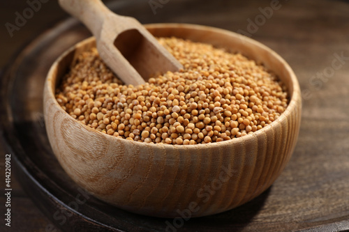 Mustard seeds with wooden bowl and scoop on tray, closeup © New Africa