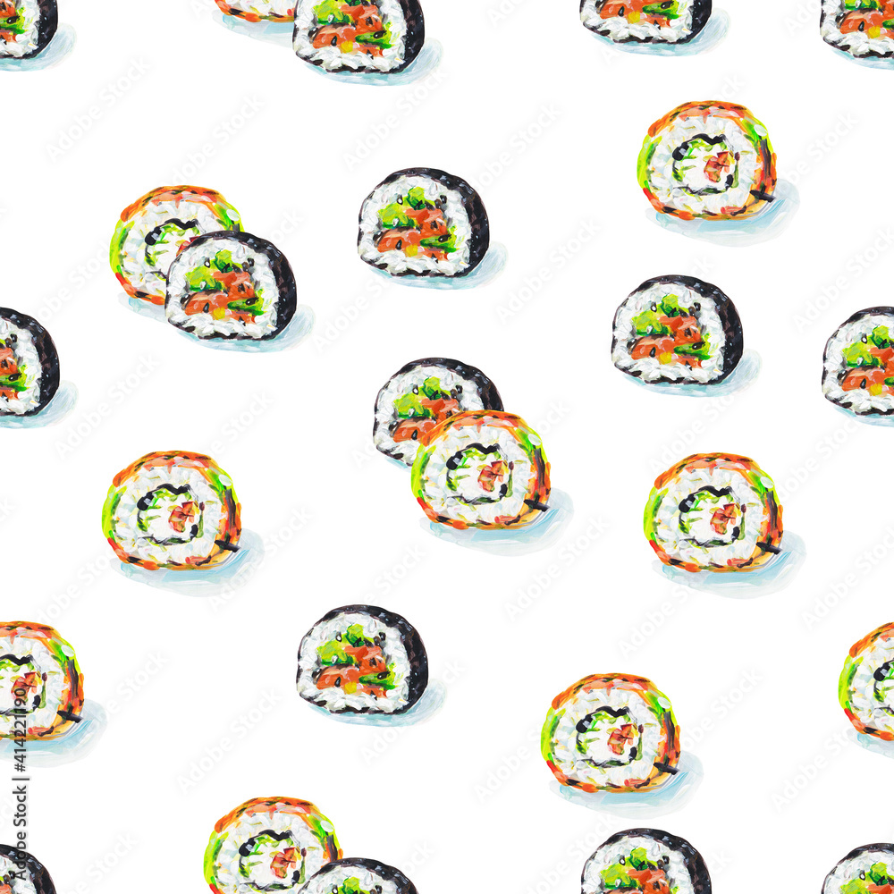 Rolls with avocado and red fish isolated on white background. Traditional asian kitchen. Seamless pattern for fabric design. Handwork acrylic drawn. Rolls with avocado and red fish isolated on white background. Traditional asian kitchen. Seamless pattern for fabric design. Handwork acrylic drawn.