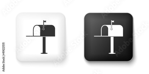 Black and white Open mail box icon isolated on white background. Mailbox icon. Mail postbox on pole with flag. Square button. Vector.